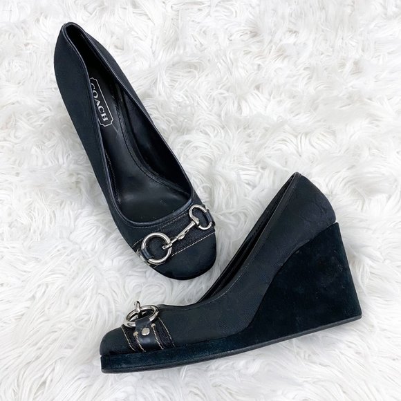 Coach Issy Black Logo Wedge Buckle Heels size 8 - Picture 1 of 6